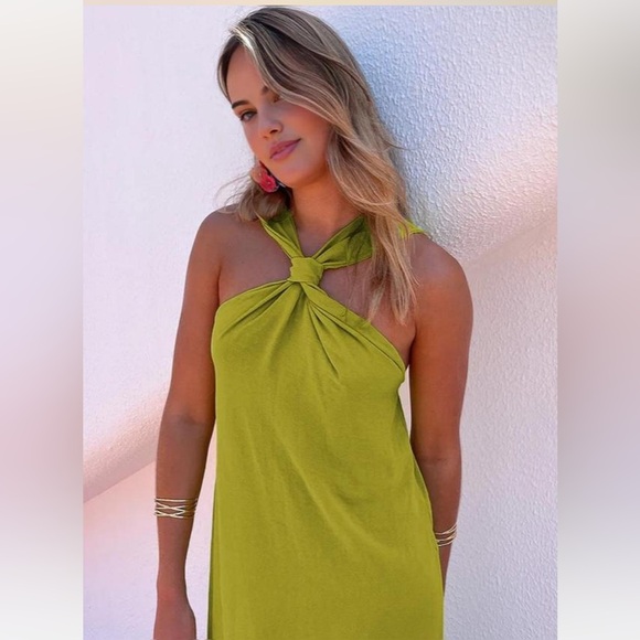 Commense Sold Out!!! 
*NWT Cross Halter Split Long Dress 
Green Chartreuse - Picture 3 of 6